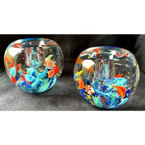 2 Murano Style Art Glass Aquarium Ocean Candle Holders Paperweight